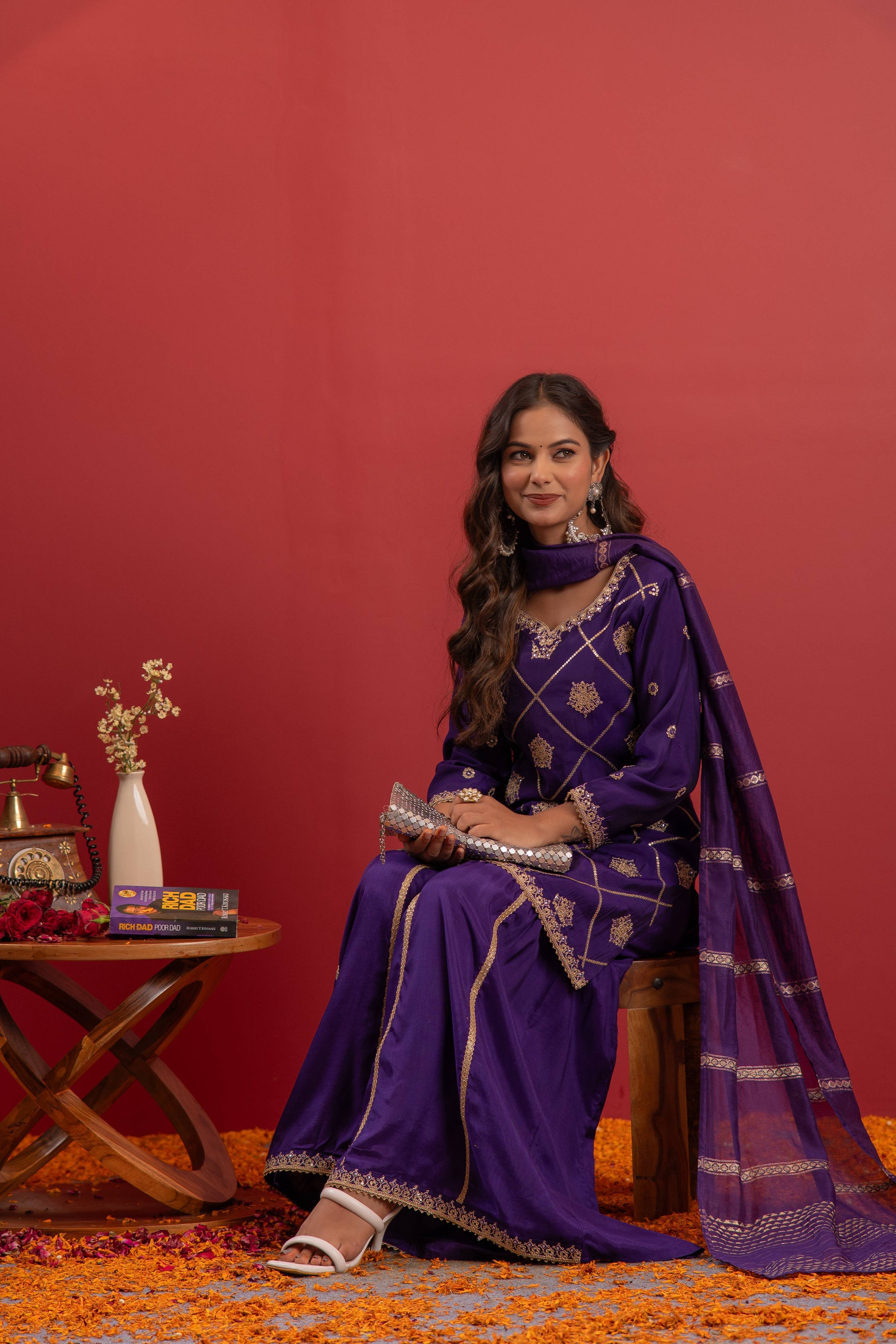 Juniper Violet Viscose A-Line Kurta Pant And Dupatta Set With Zari, Mirror, Beads & Sequence Work