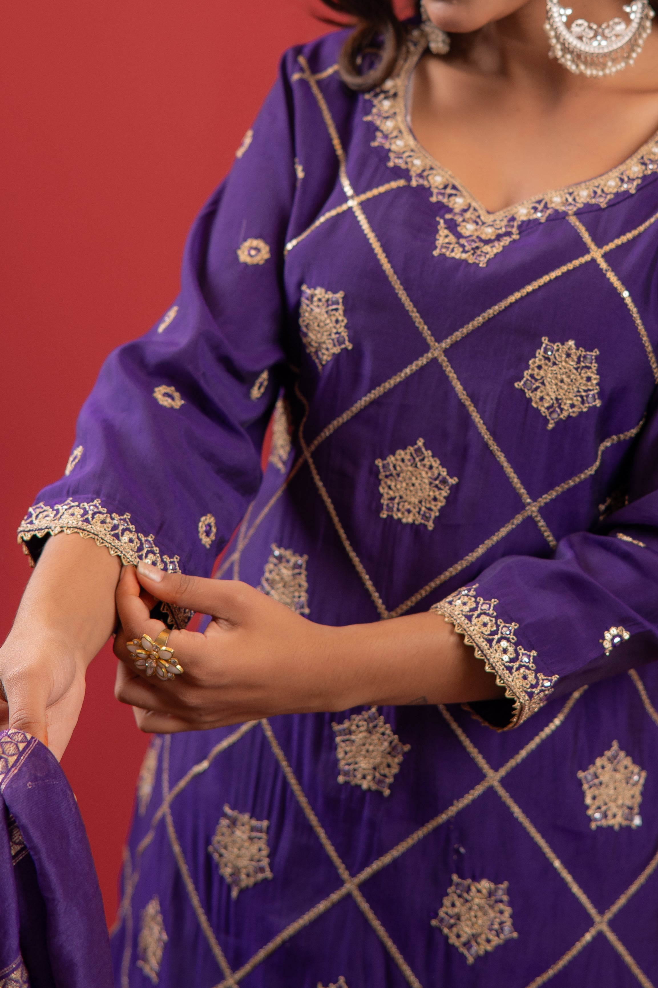 Juniper Violet Viscose A-Line Kurta Pant And Dupatta Set With Zari, Mirror, Beads & Sequence Work