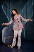 Juniper Purple Floral Printed Viscose Gathread Tunic With Dori Tie