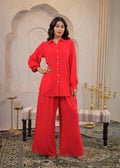 Juniper Red Viscose Co-Ord Set – Shirt & Palazzo With Parsley Waistband