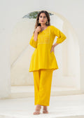 Juniper Mustard Embroidered Cotton Kurta-Pant Co-Ord Set With Mirror & Thread Work,