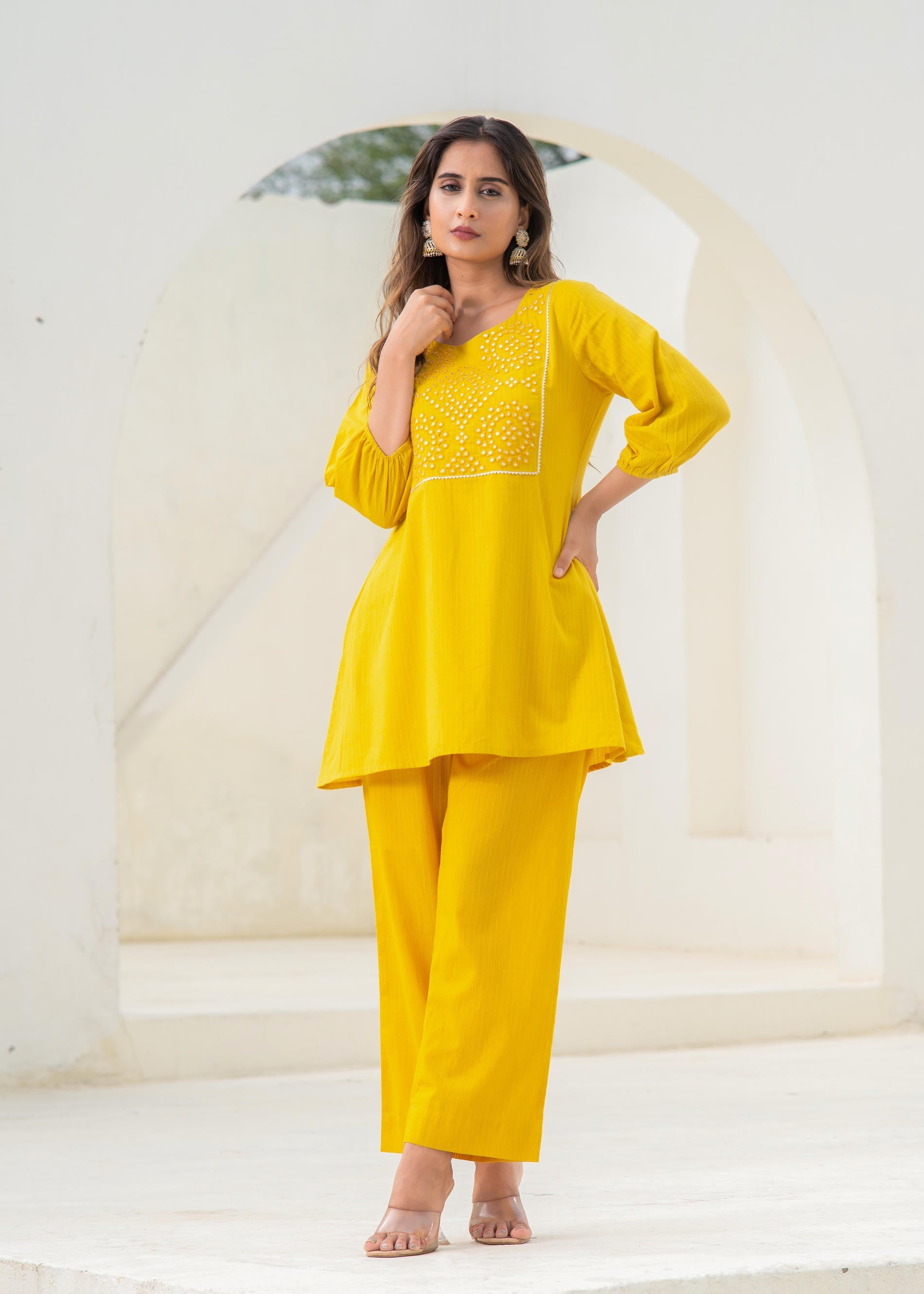 Juniper Mustard Embroidered Cotton Kurta-Pant Co-Ord Set With Mirror & Thread Work,