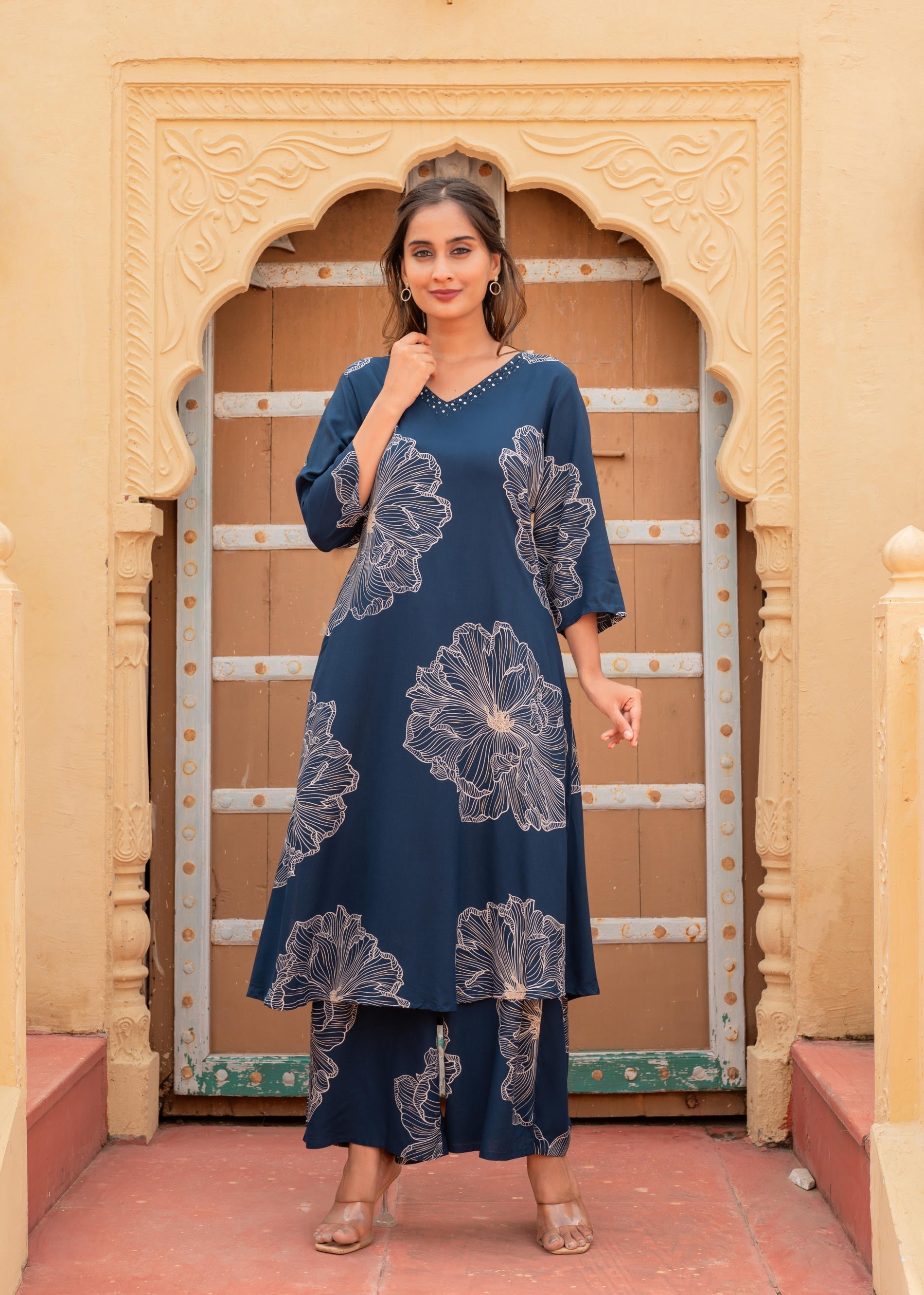 Juniper Women'S Navy Floral Print Viscose Kurta & Pant Set With Sequin And Bead Work
