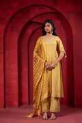 Juniper Mustard Elegance Chanderi Kurta Set With Geometric Dupatta