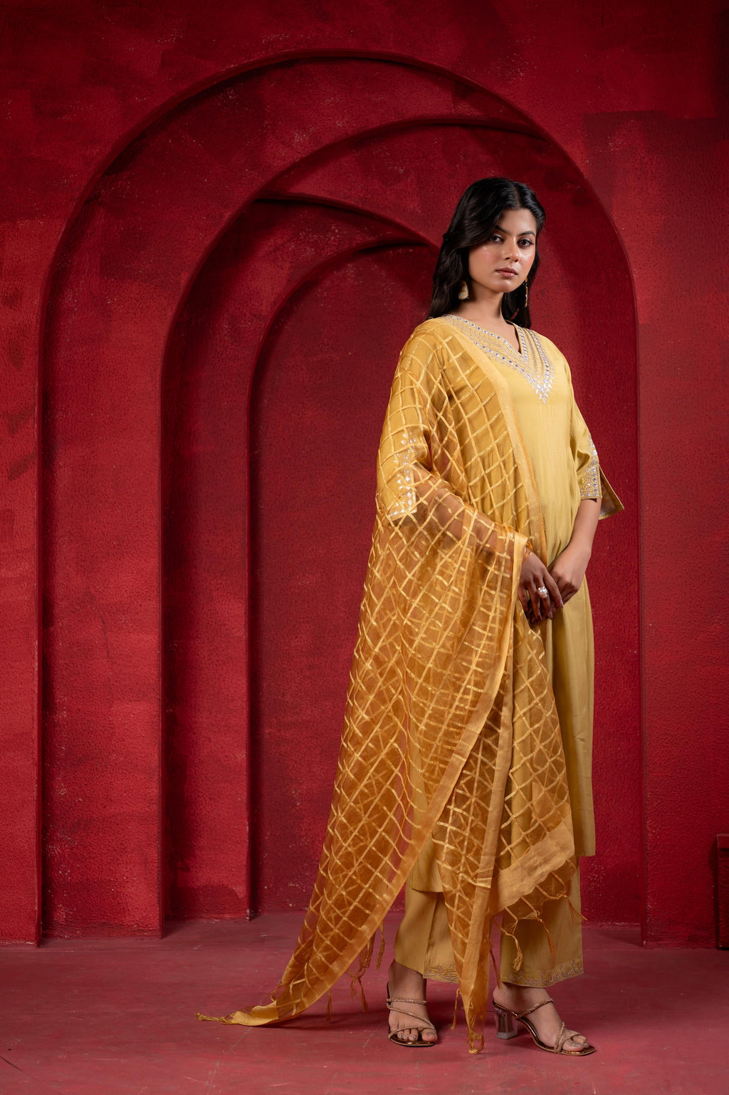 Juniper Mustard Elegance Chanderi Kurta Set With Geometric Dupatta