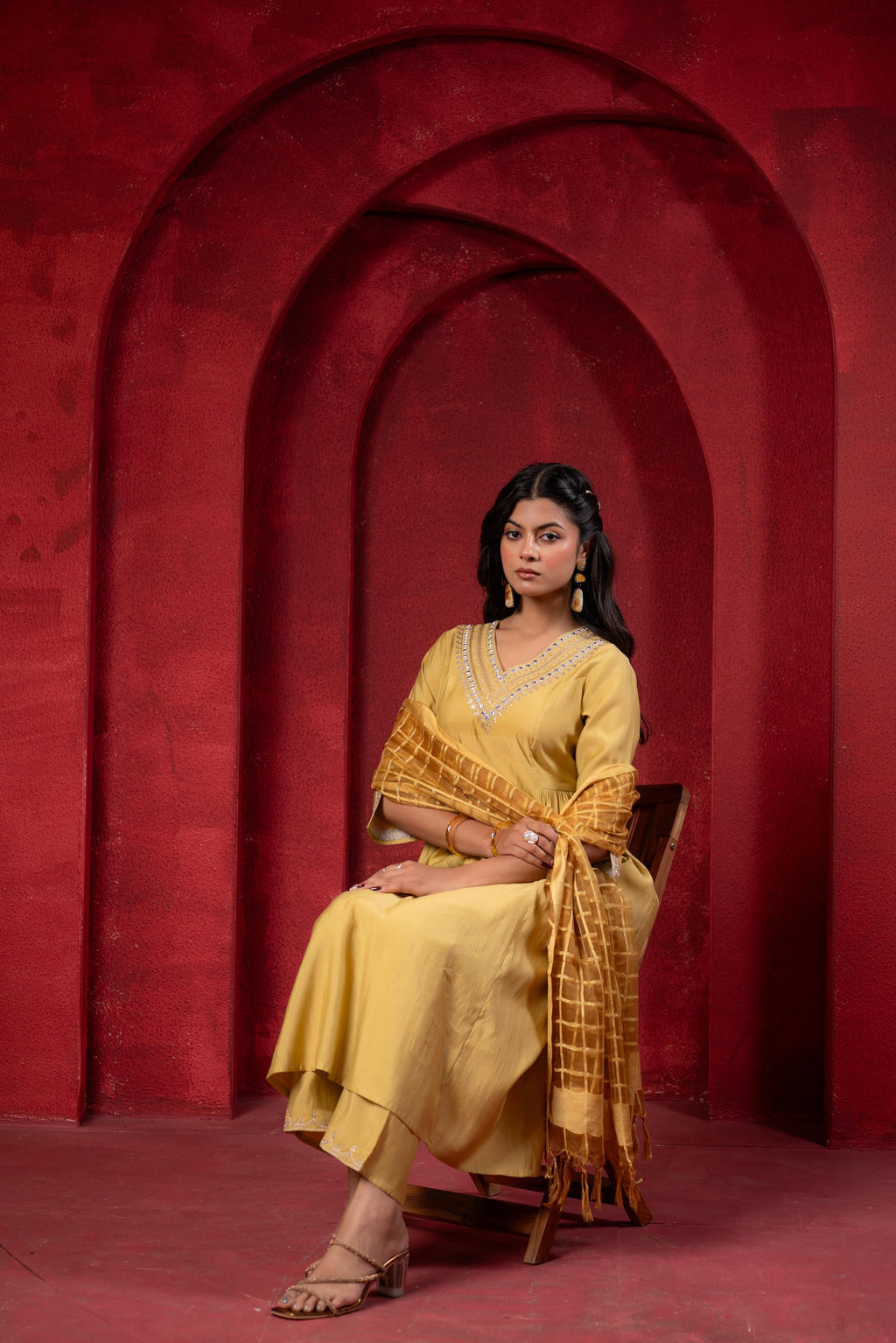 Juniper Mustard Elegance Chanderi Kurta Set With Geometric Dupatta
