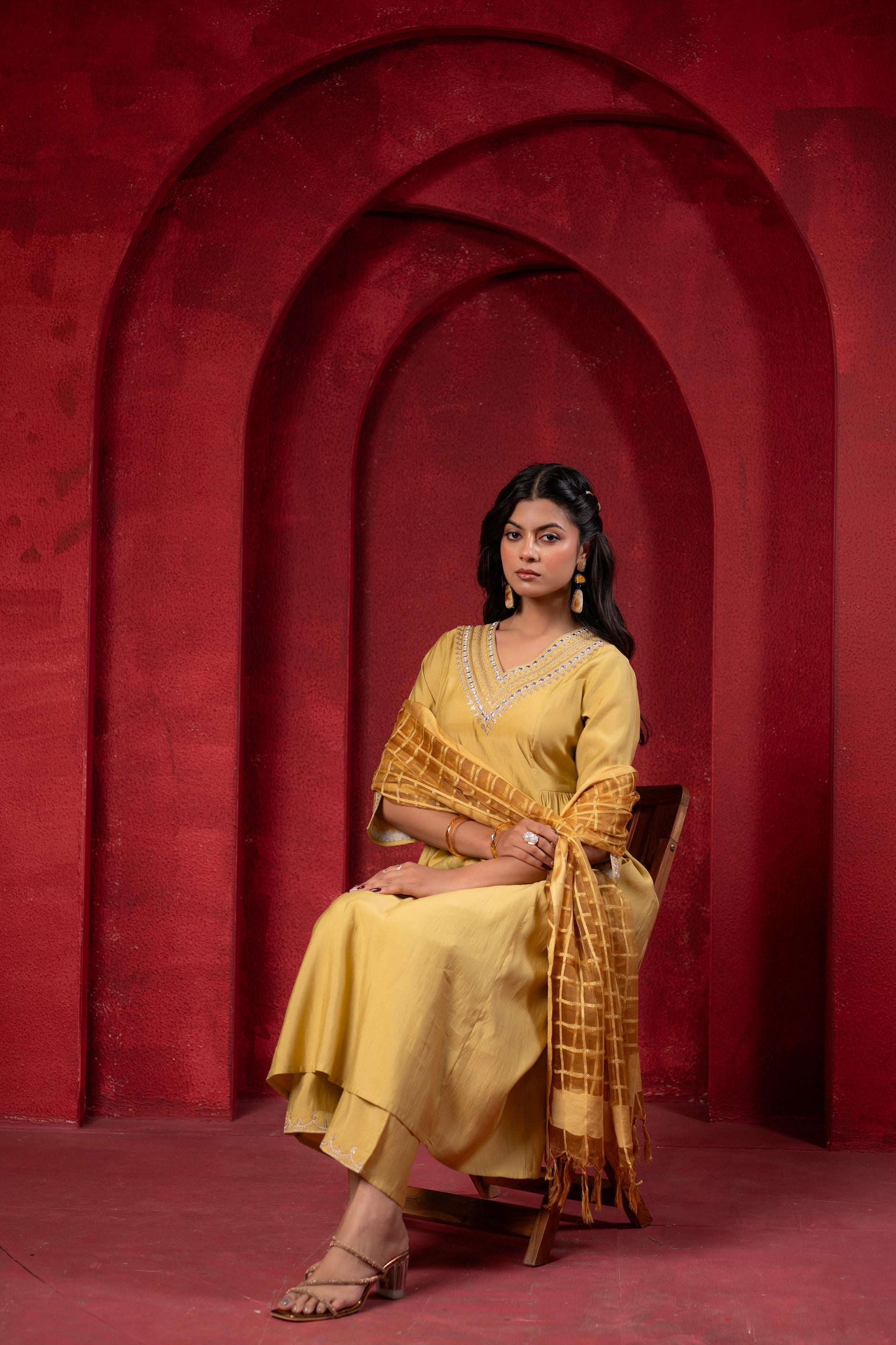 Juniper Mustard Elegance Chanderi Kurta Set With Geometric Dupatta