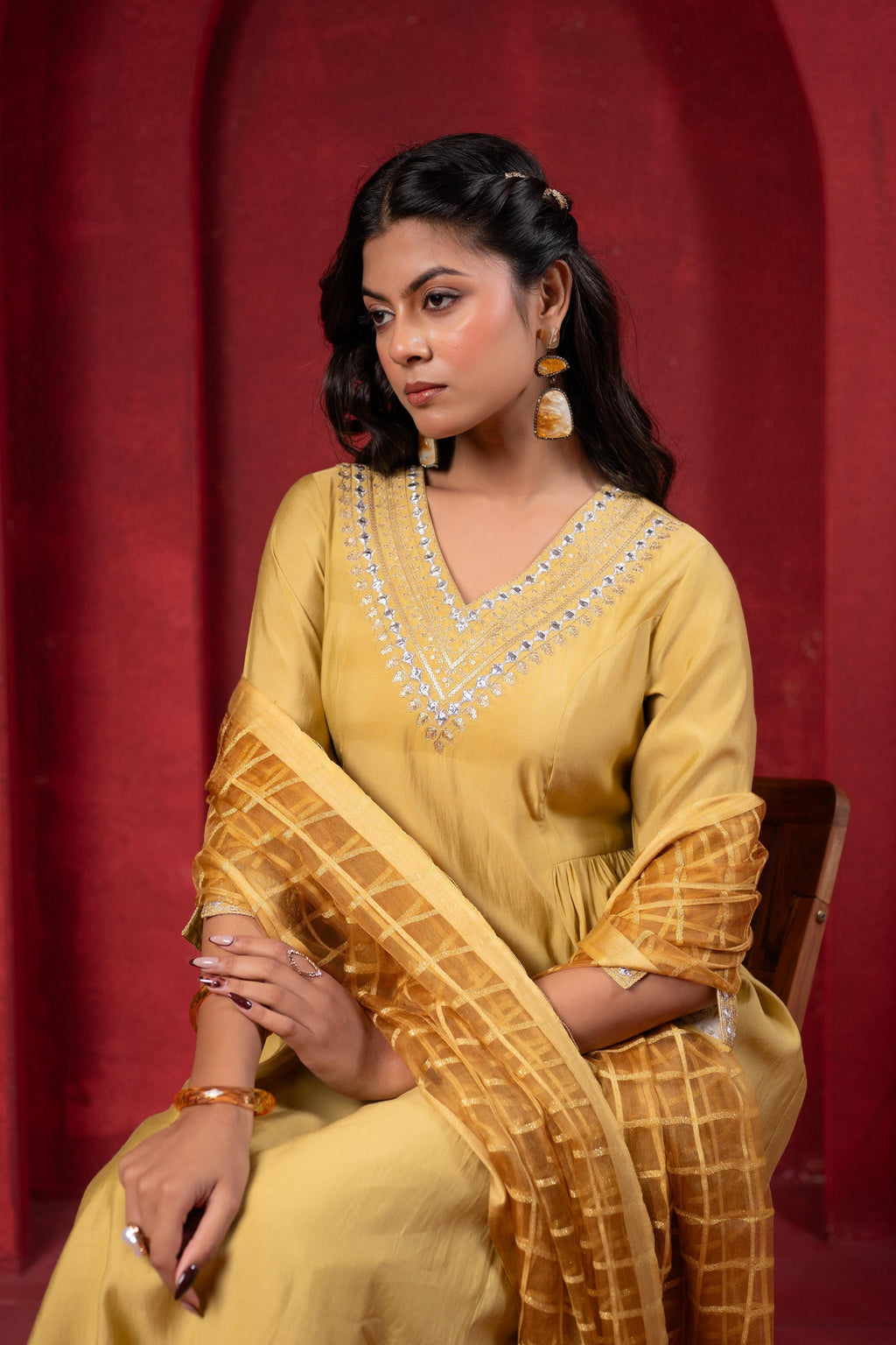 Juniper Mustard Elegance Chanderi Kurta Set With Geometric Dupatta