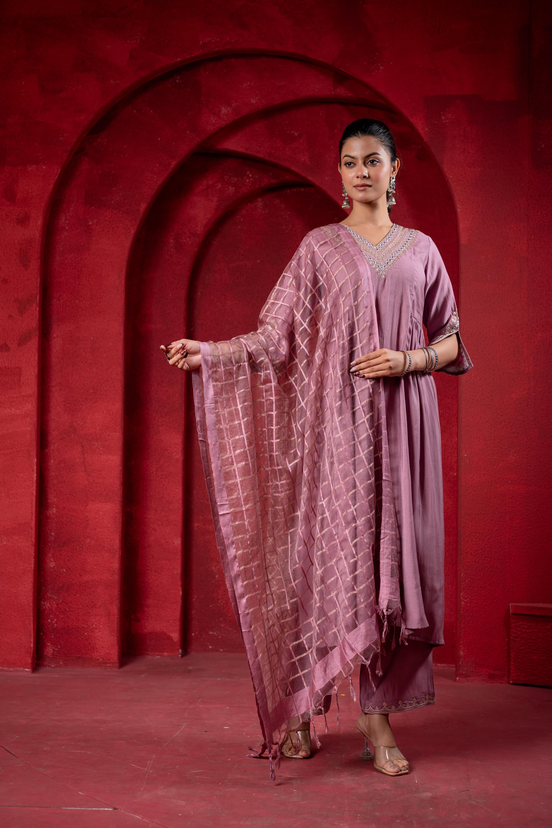 Juniper Onion Pink Elegance Chanderi Kurta Set With Geometric Dupatta