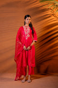 Juniper Fuchsia Embroidered Kurta Set With Zari Checked Dupatta