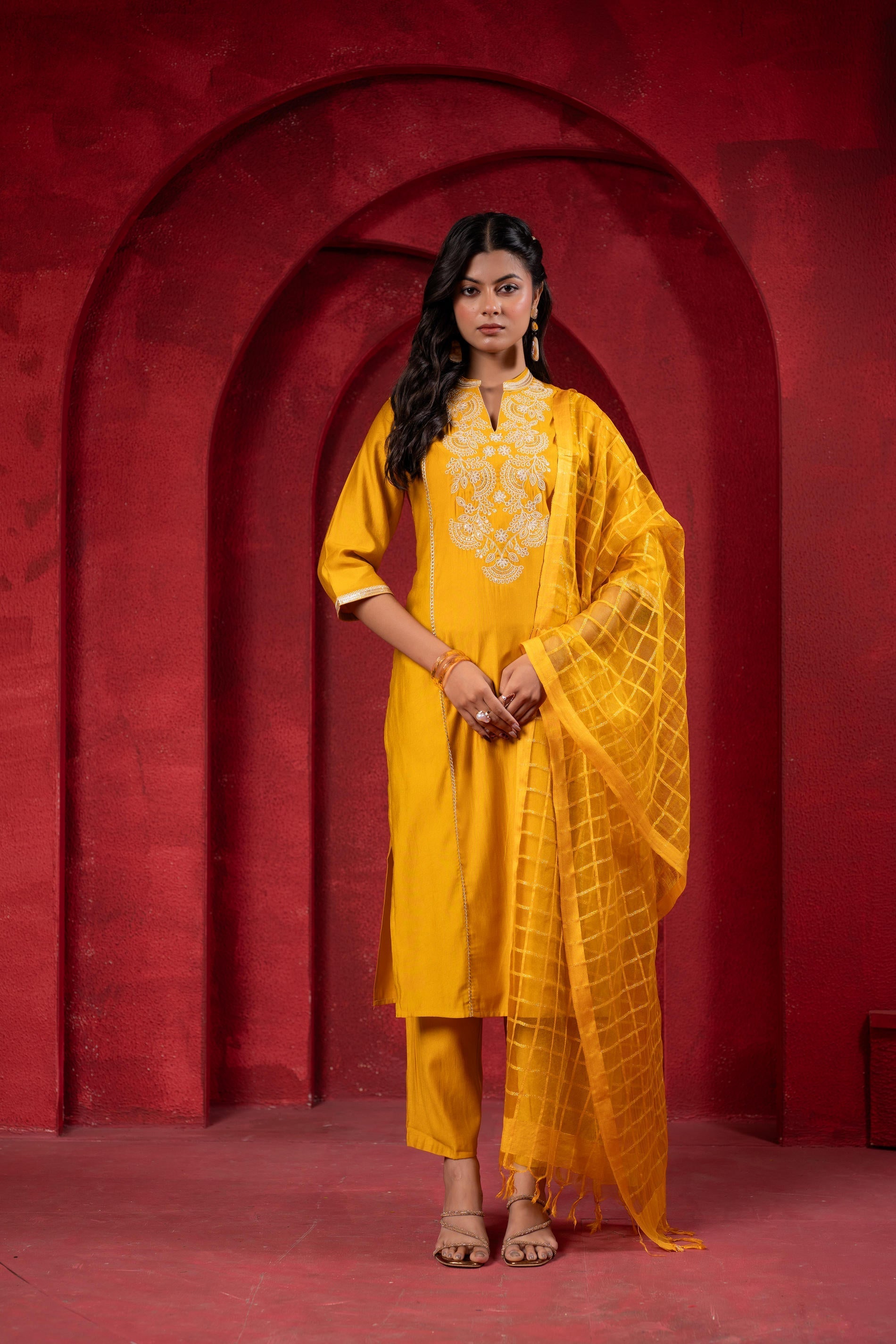 Juniper Sunlit Mustard Embroidered Kurta Set With Zari Checked Dupatta