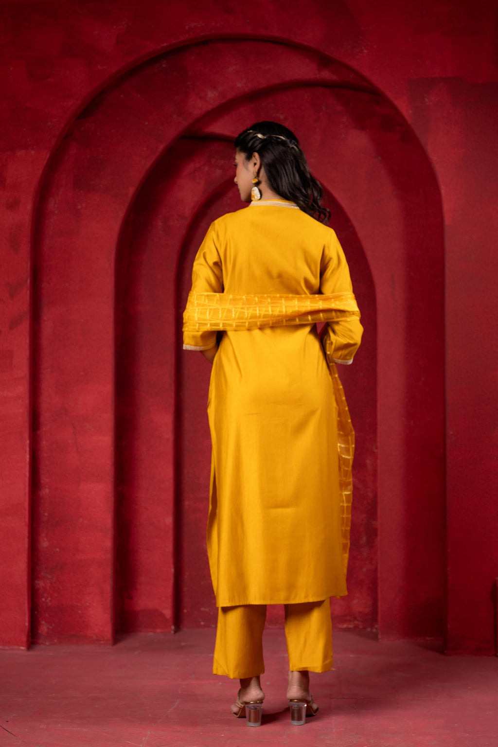 Juniper Sunlit Mustard Embroidered Kurta Set With Zari Checked Dupatta