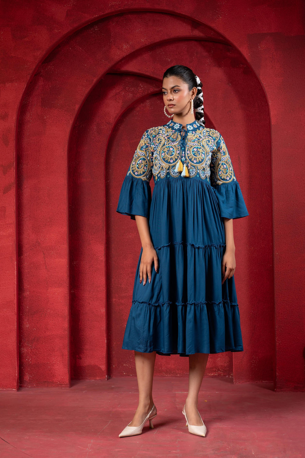 Juniper Indigo Tiered Dress With Multicolor Embroidered Yoke And Tassel Tie-Up