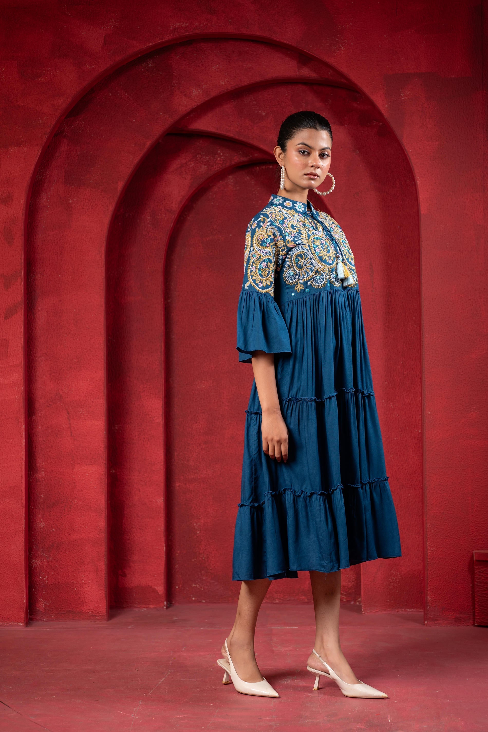 Juniper Indigo Tiered Dress With Multicolor Embroidered Yoke And Tassel Tie-Up