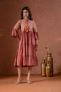 Juniper Rust Tiered Dress With Multicolor Embroidered Yoke And Tassel Tie-Up