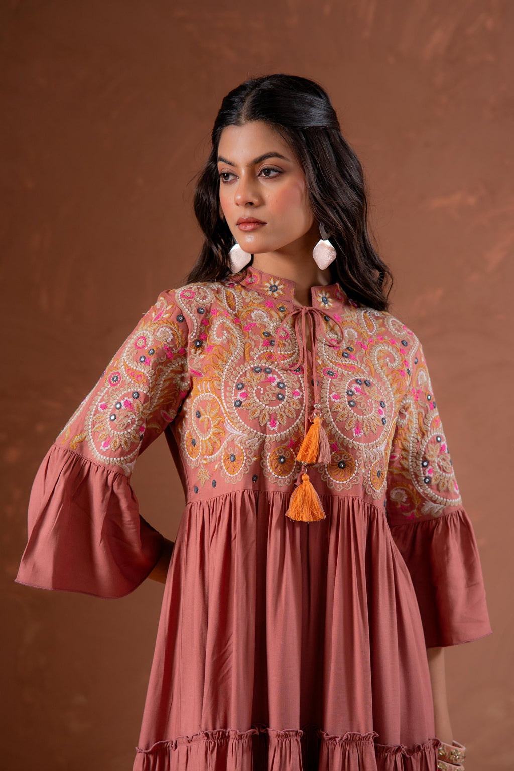 Juniper Rust Tiered Dress With Multicolor Embroidered Yoke And Tassel Tie-Up