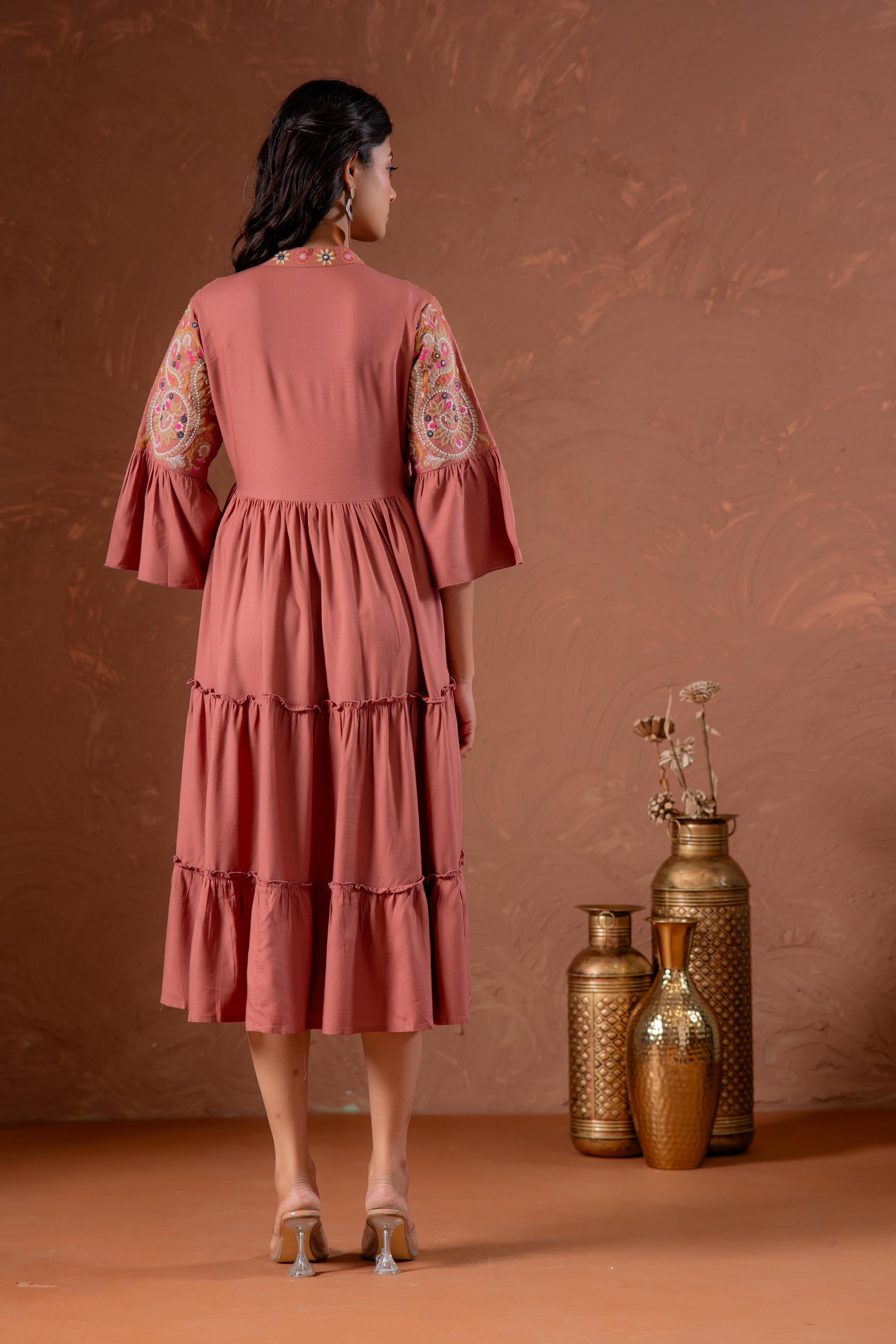 Juniper Rust Tiered Dress With Multicolor Embroidered Yoke And Tassel Tie-Up