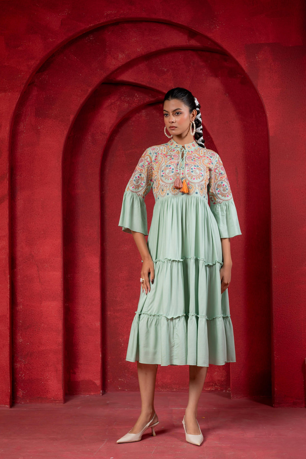 Juniper Sage Green Tiered Dress With Multicolor Embroidered Yoke And Tassel Tie-Up