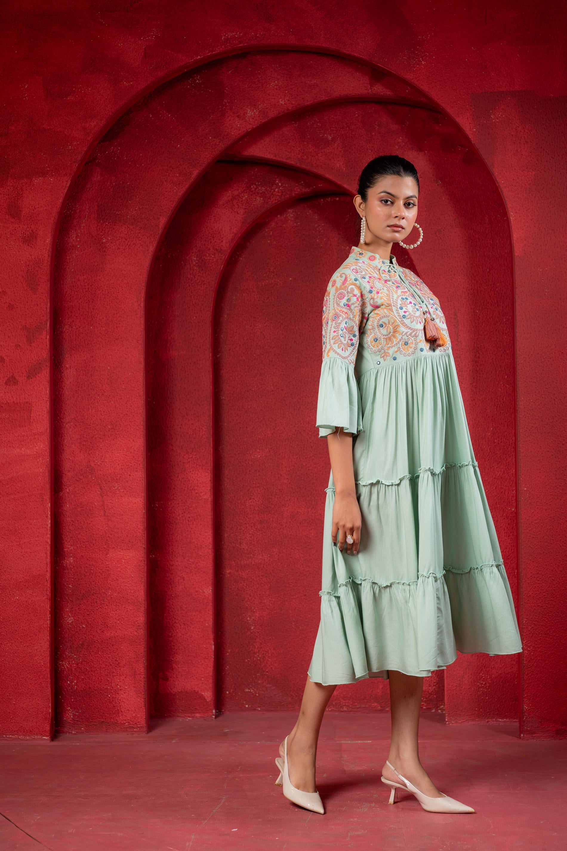 Juniper Sage Green Tiered Dress With Multicolor Embroidered Yoke And Tassel Tie-Up