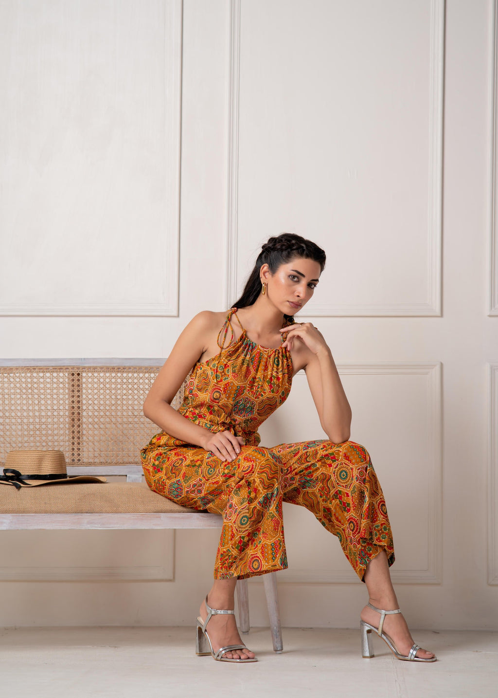 Juniper Mustard Printed Abstract Viscose Jumpsuit With Belt