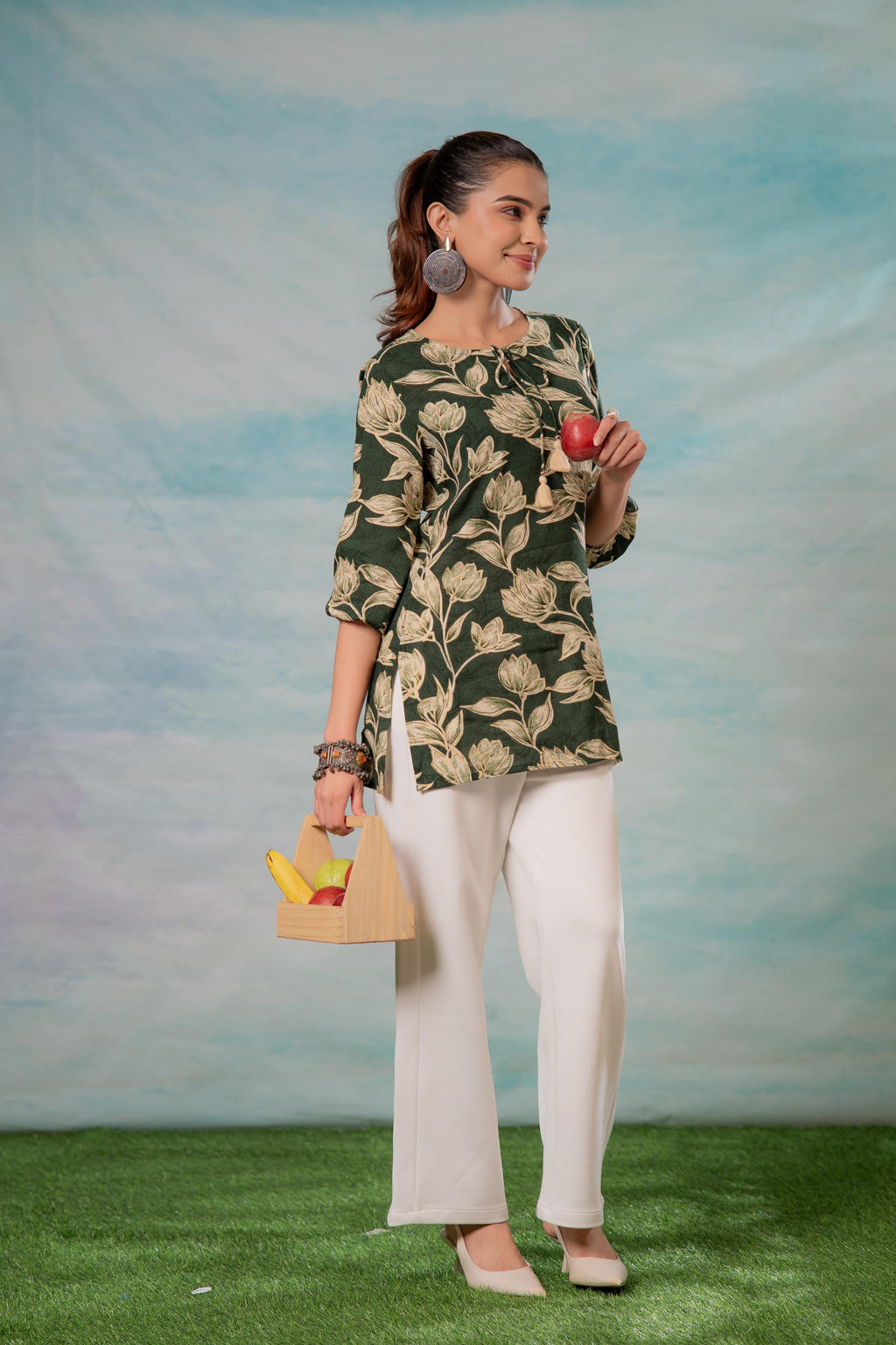 Juniper Green Floral Printed Viscose Tunic