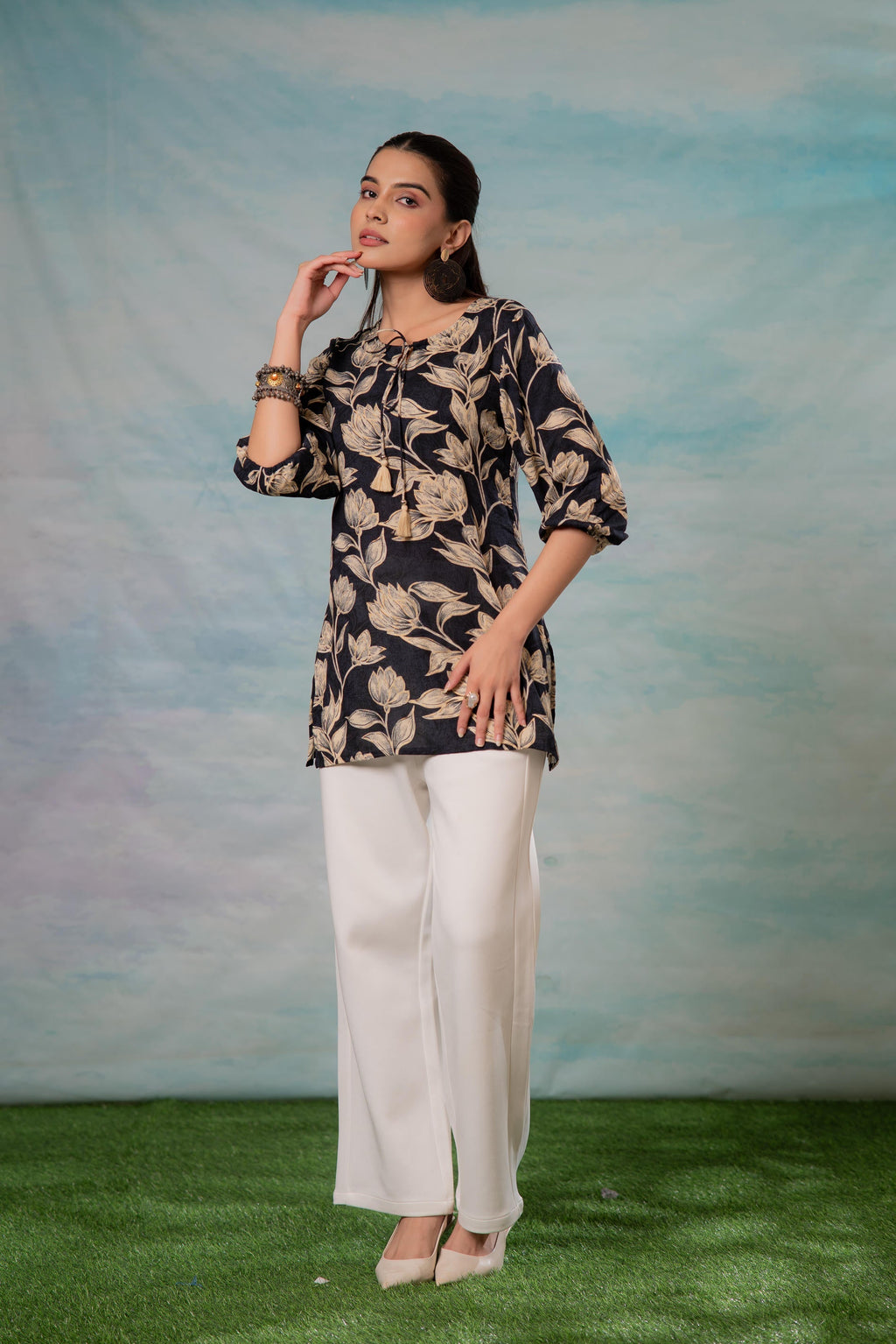 Juniper Grey Floral Printed Viscose Tunic