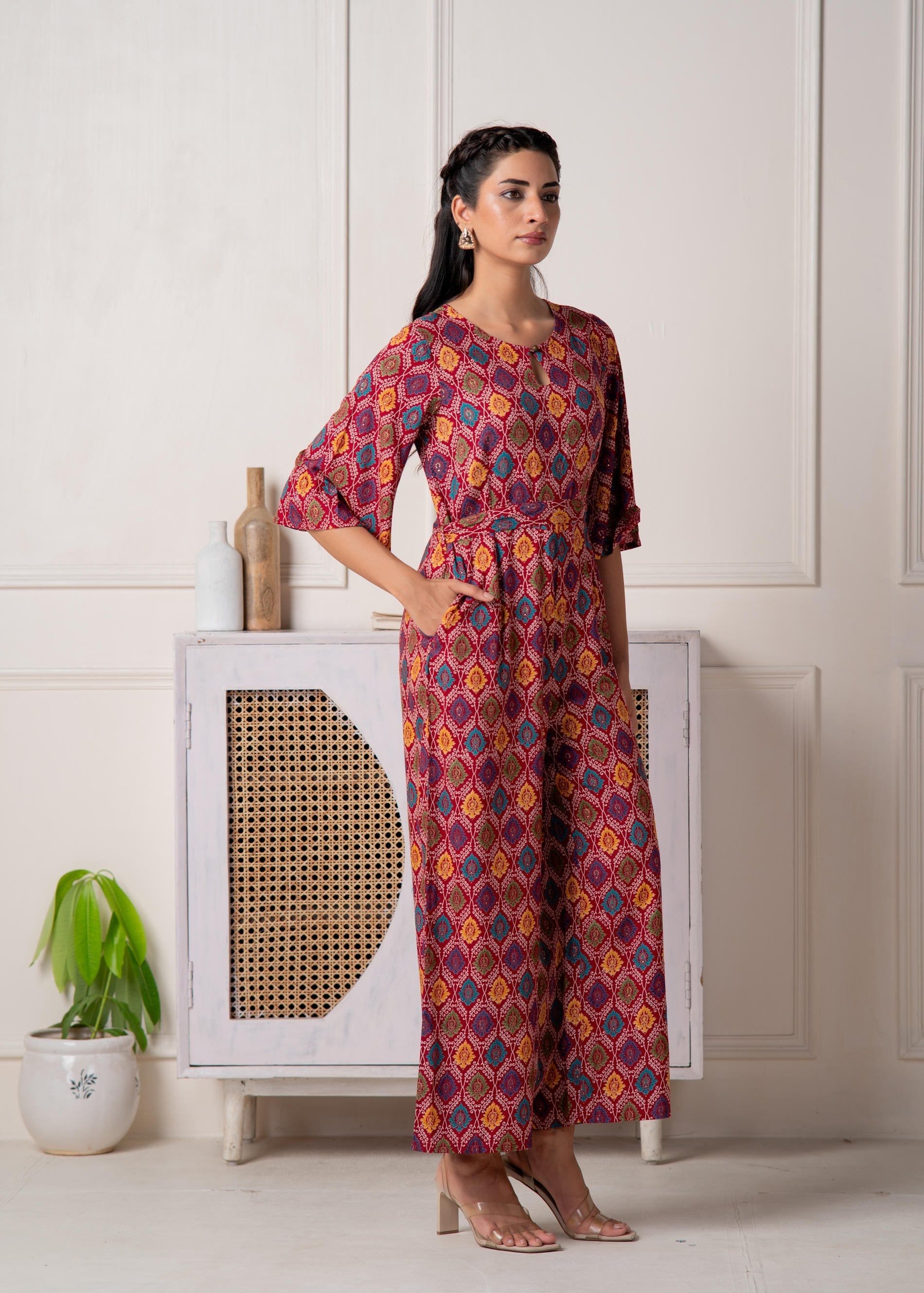 Juniper Red Floral Printed Viscose Jumpsuit With Belt