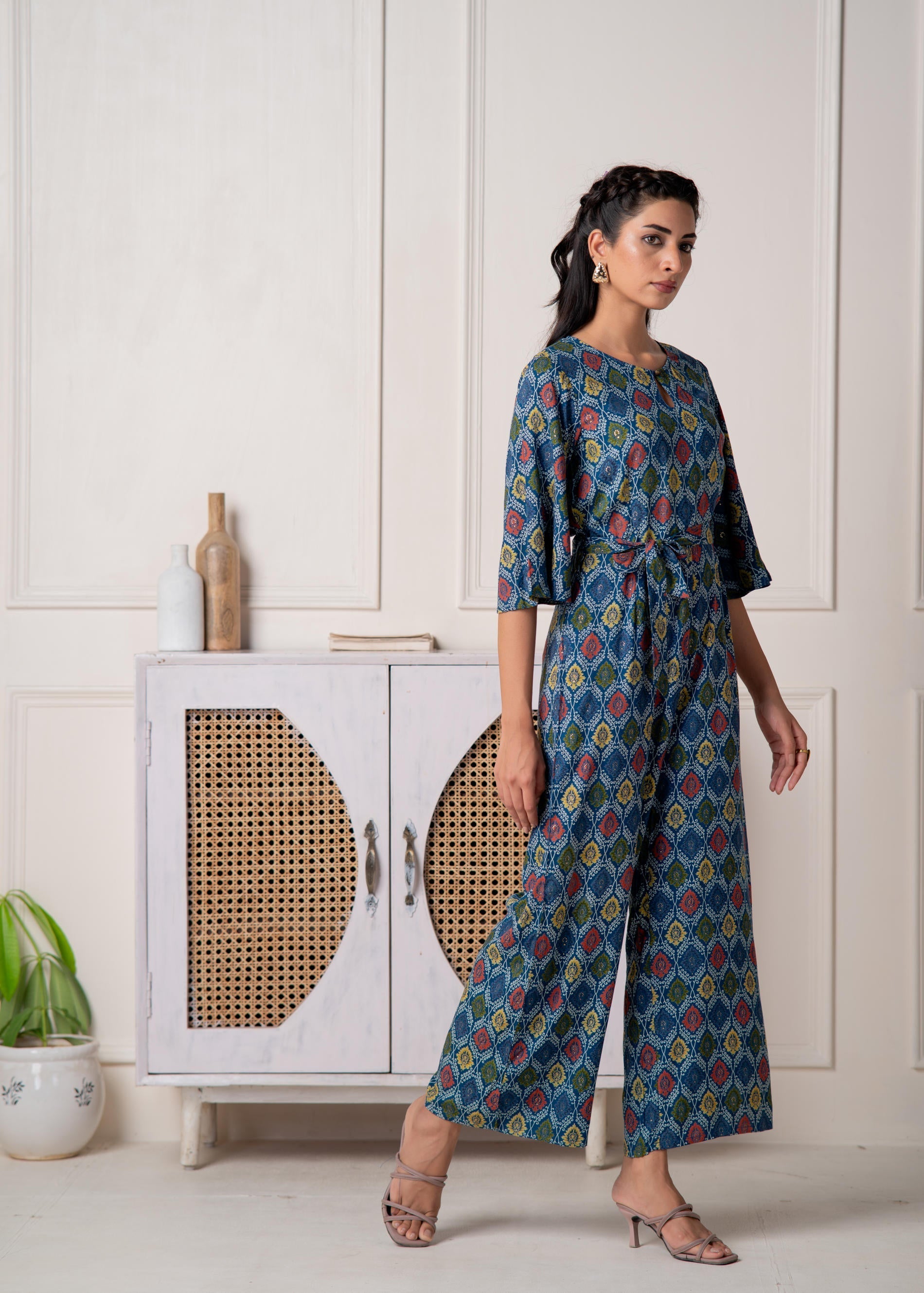 Juniper Teal Floral Printed Viscose Jumpsuit With Belt