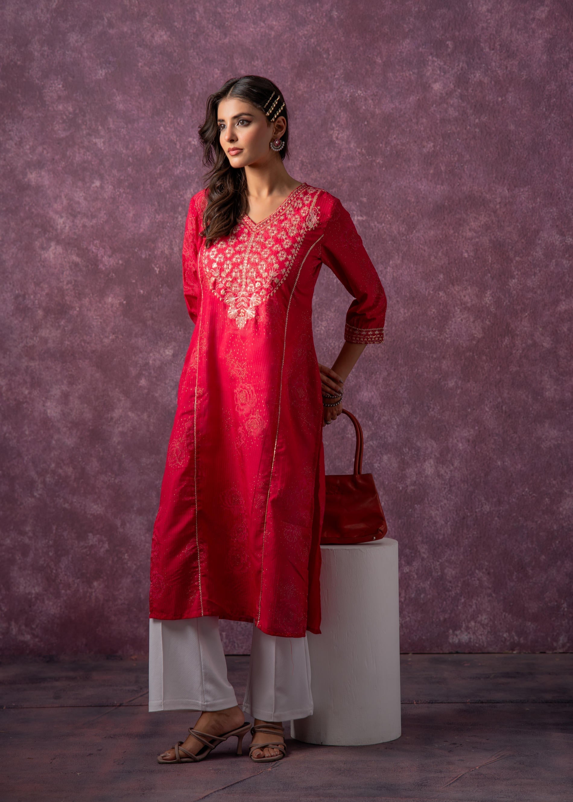 Juniper Rust Red Embroidered Straight Kurta