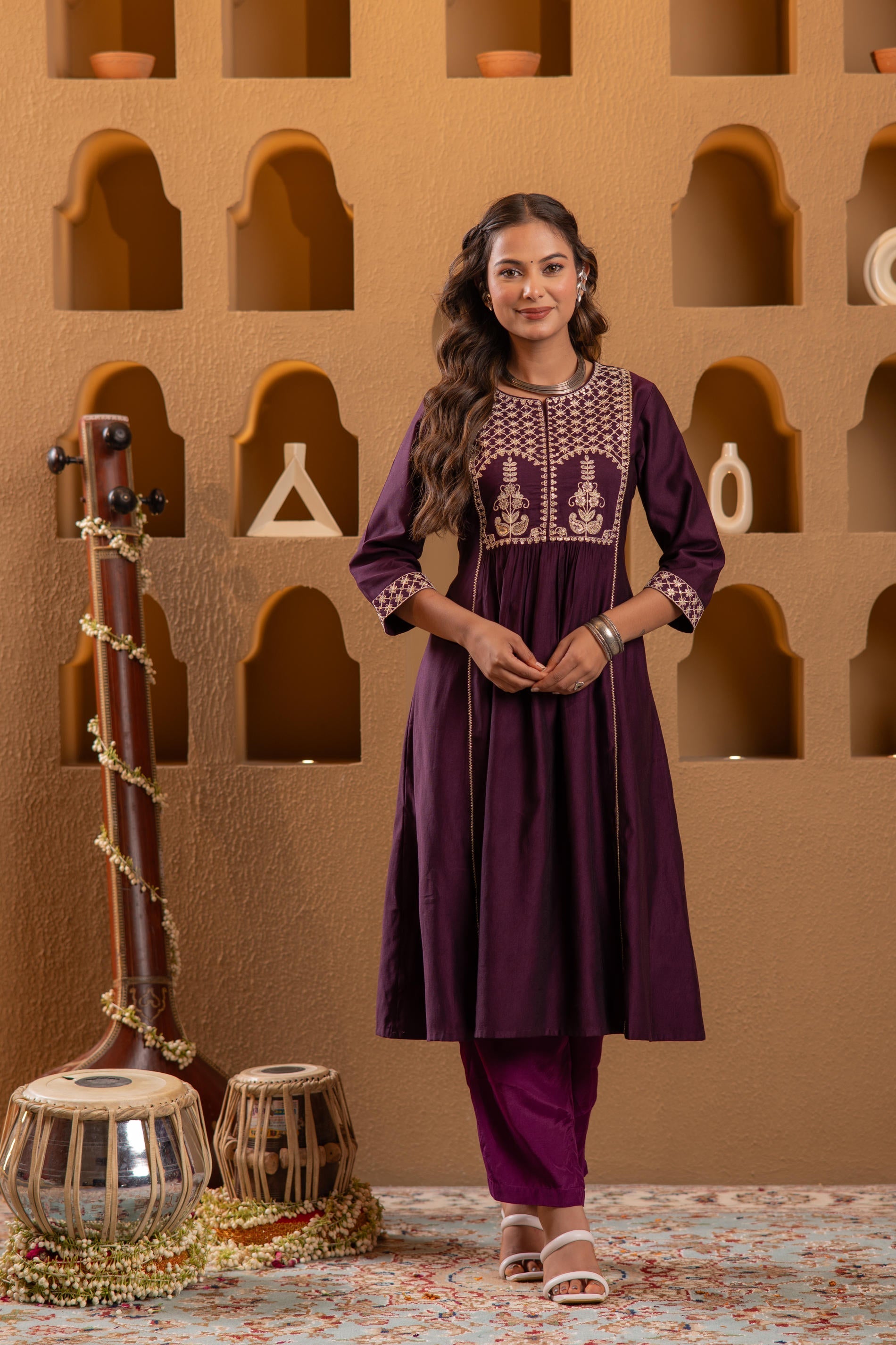 Juniper Wine Embroidered Yoke Kurta