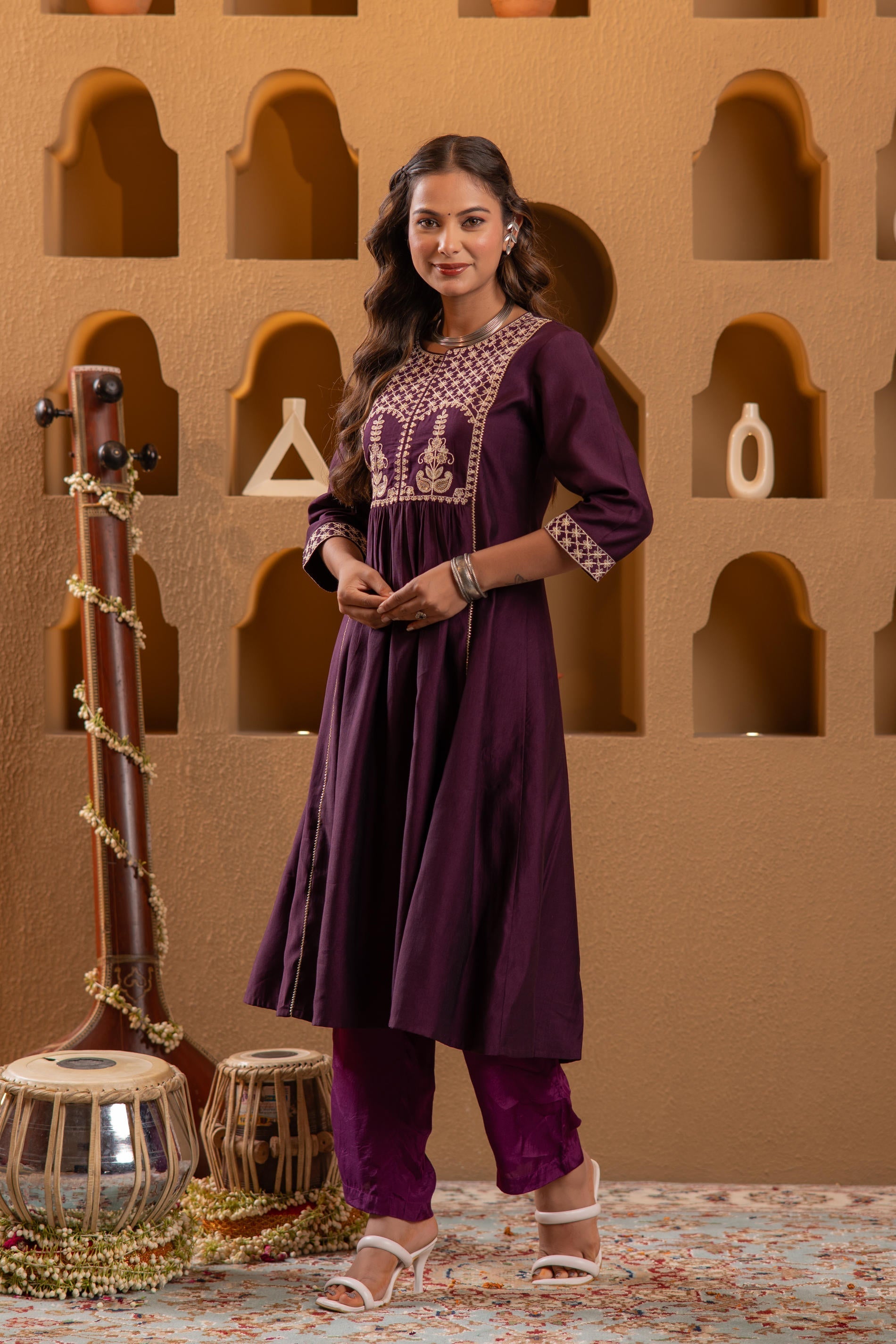 Juniper Wine Embroidered Yoke Kurta