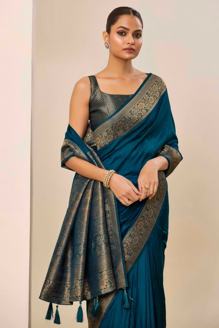 Teal Blue Dolla Silk Wevon Galla Designer Saree - Zeel