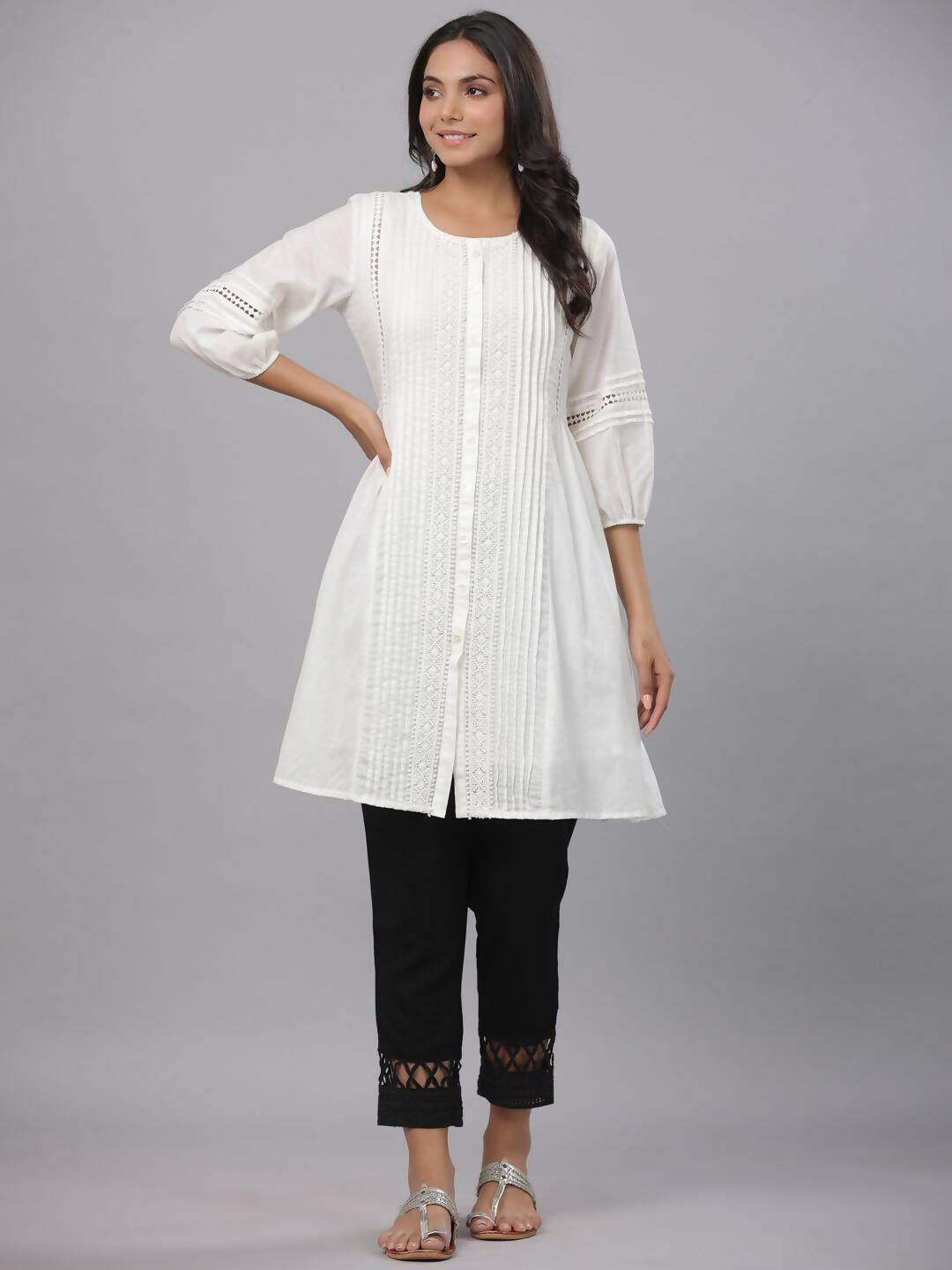 Juniper Women's White Cotton Silk Solid A-Line Kurta