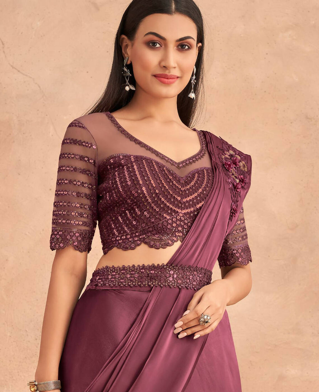 Wine Satin Embroidered Ready To Wear Saree With Unstitched Blouse Piece - Nandika