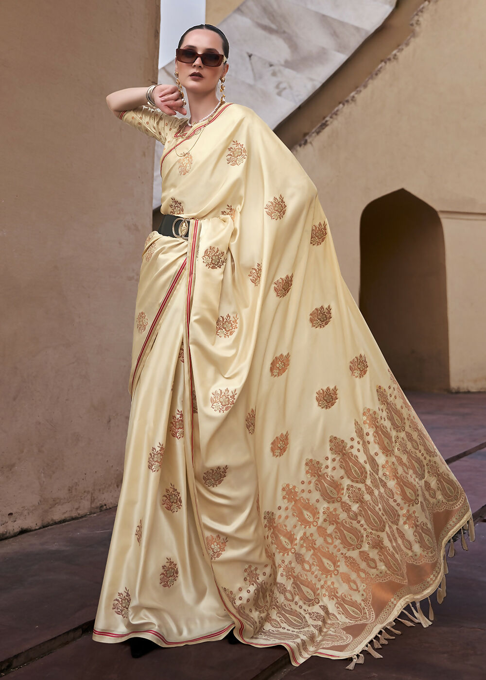 Buttermilk Beige Pure Satin Zari Weaving Wedding Festive Saree - Emponline