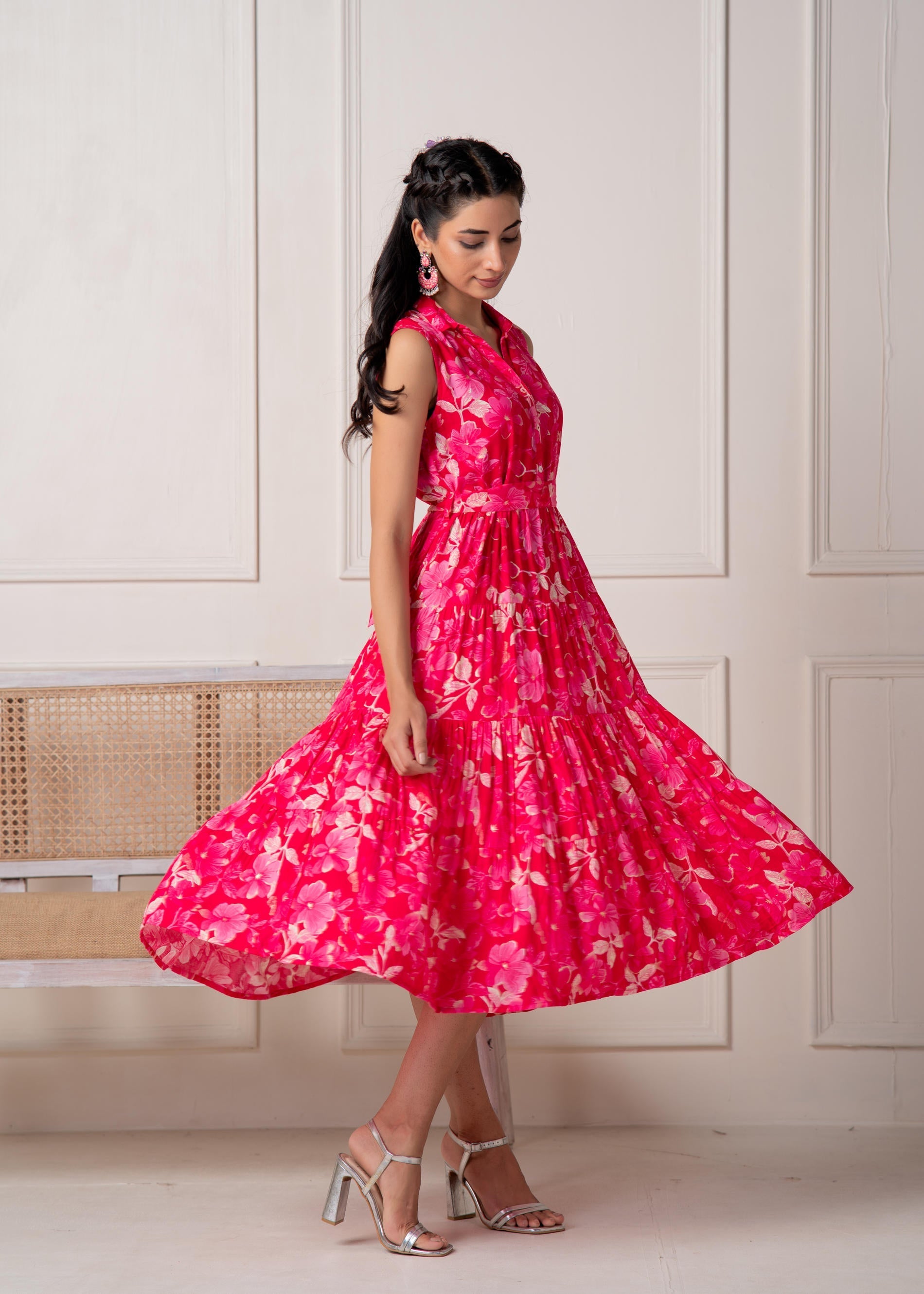 Juniper Coral Fuchsia Sleeveless Floral Tiered Dress