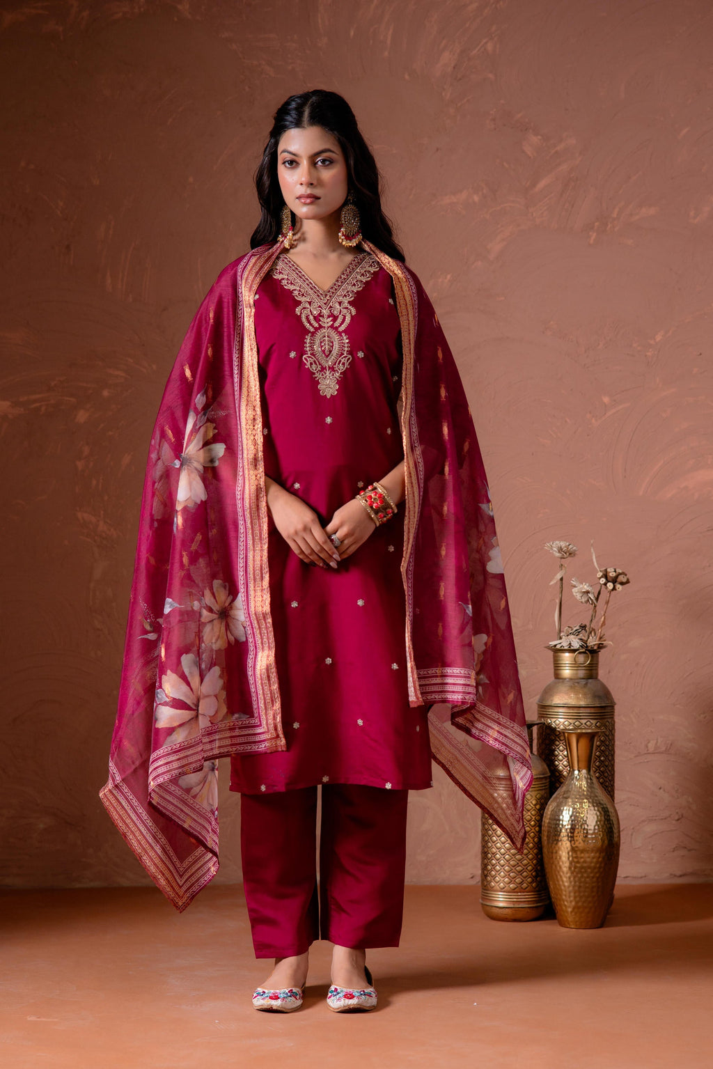 Juniper Cherry Embroidered Suit Set With Printed Floral Dupatta