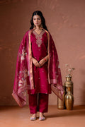 Juniper Cherry Embroidered Suit Set With Printed Floral Dupatta