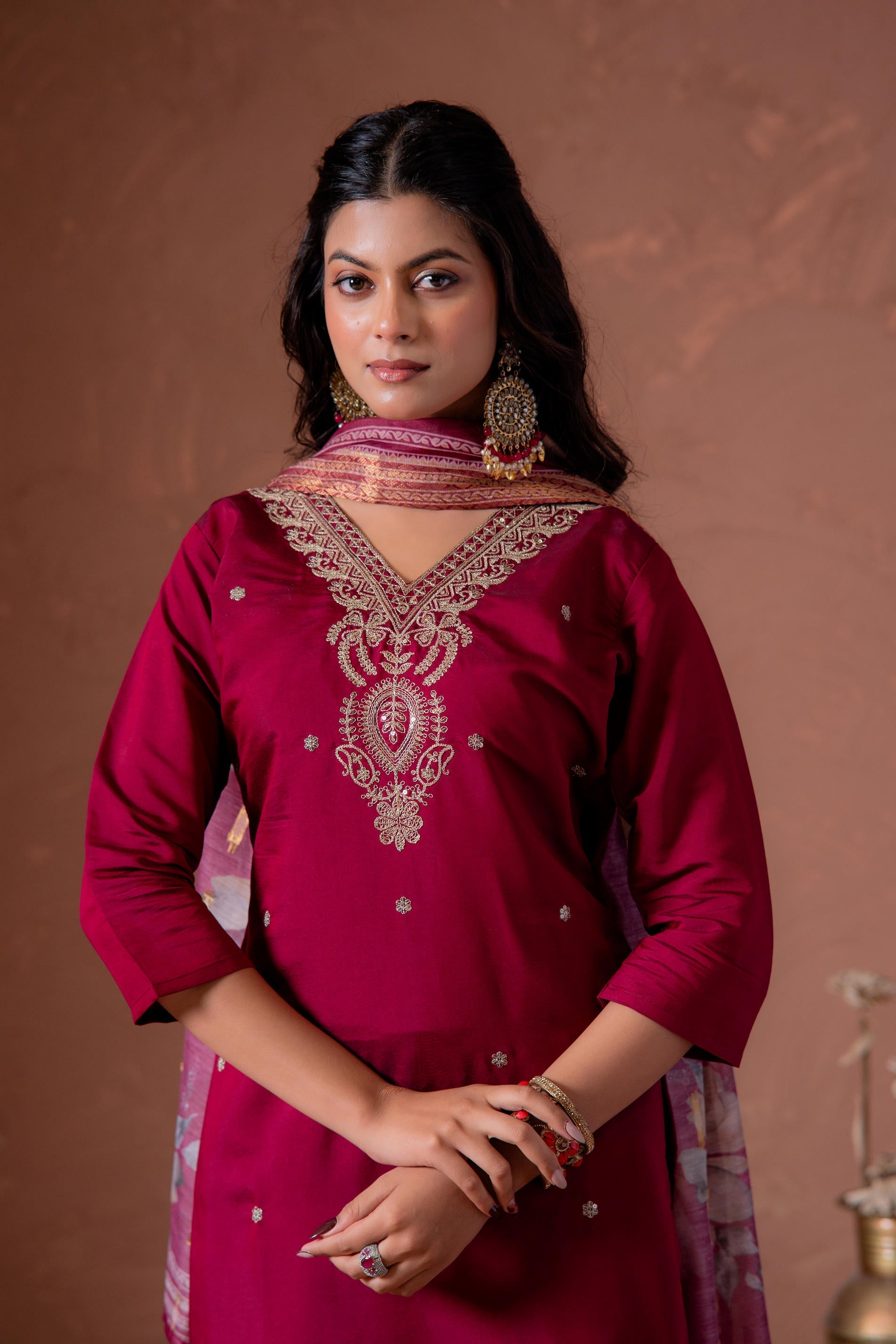 Juniper Cherry Embroidered Suit Set With Printed Floral Dupatta