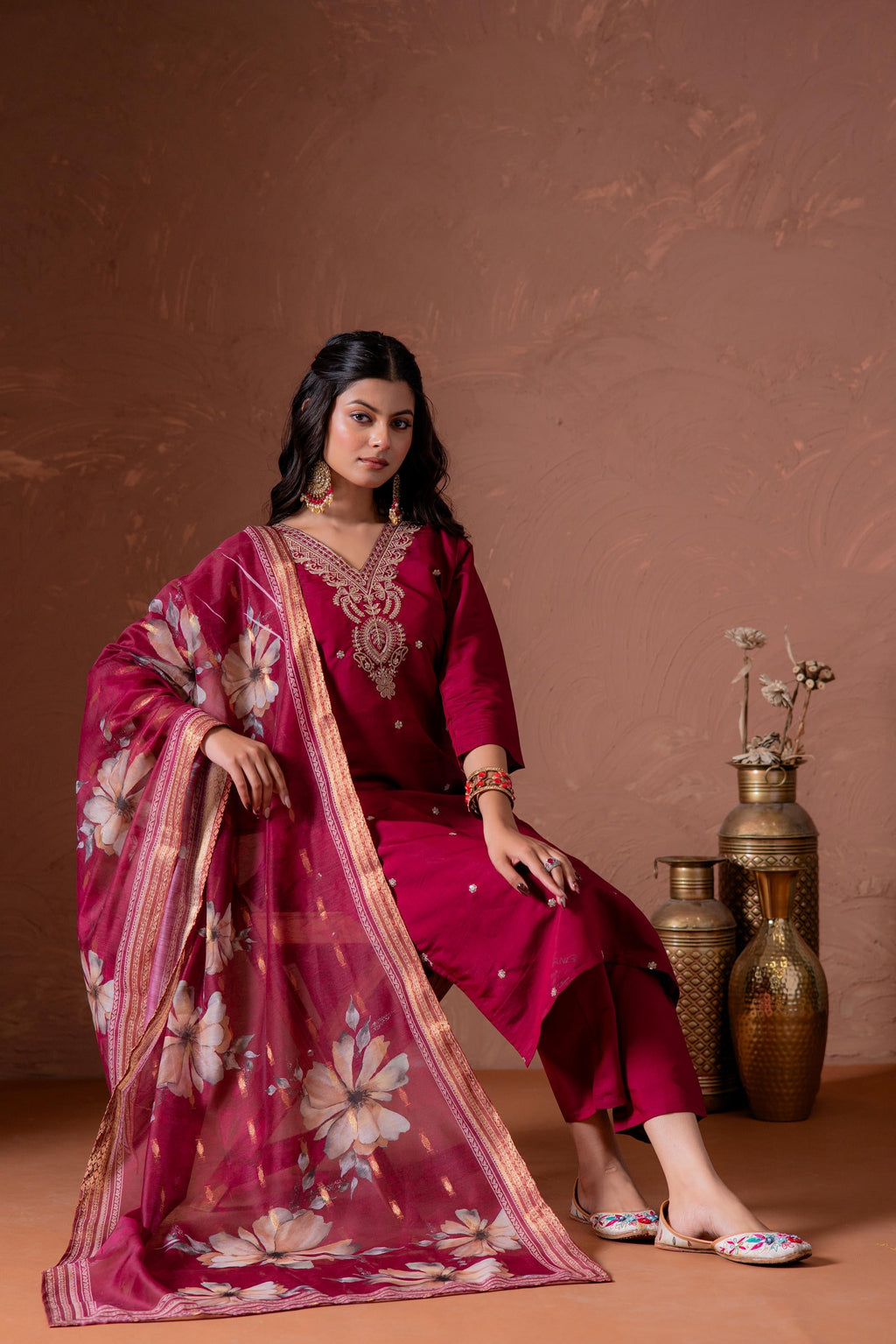 Juniper Cherry Embroidered Suit Set With Printed Floral Dupatta