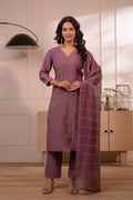 Juniper Plum Solid Embroidered Straight Kurta Pant And Dupatta Set With Thread Work