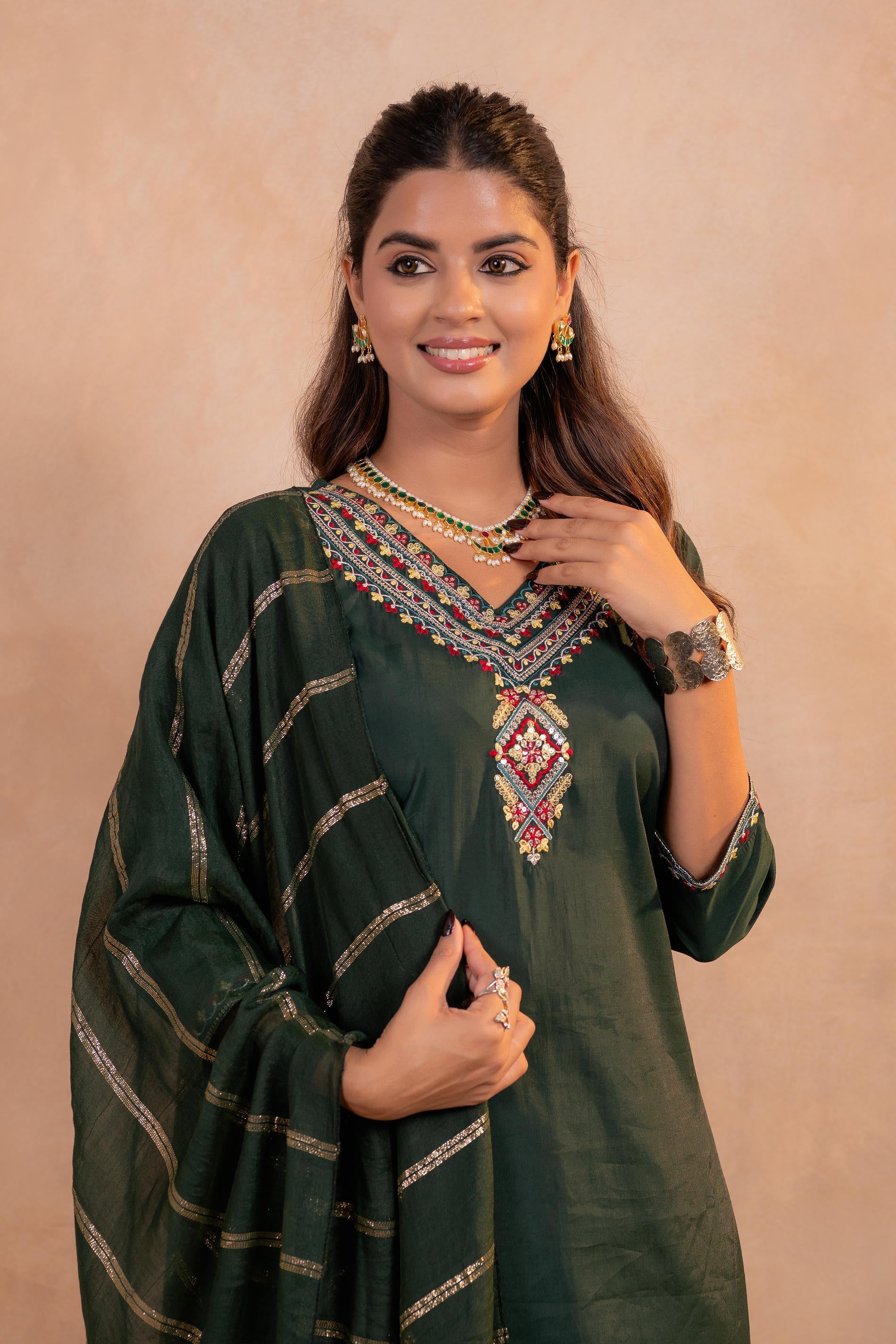 Juniper Bottle Green Serenity Embroidered Suit Set
