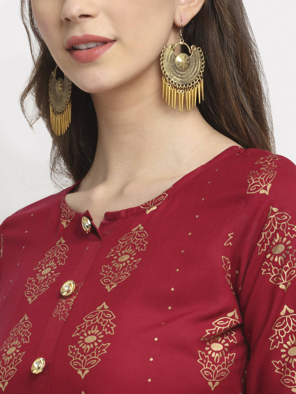 Rudra Bazaar Gold Printed Flared Anarkali Maroon kurti