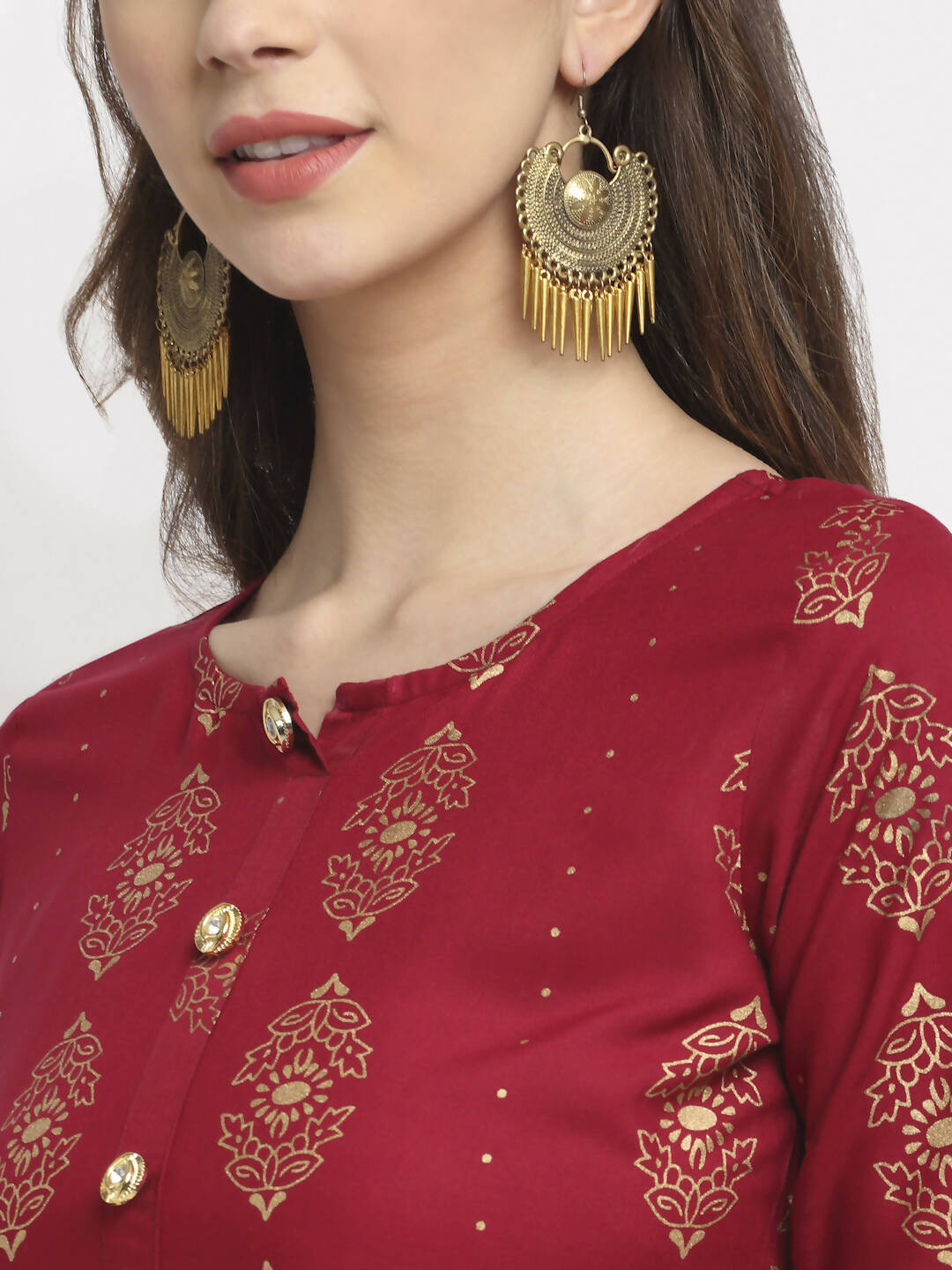Rudra Bazaar Gold Printed Flared Anarkali Maroon kurti