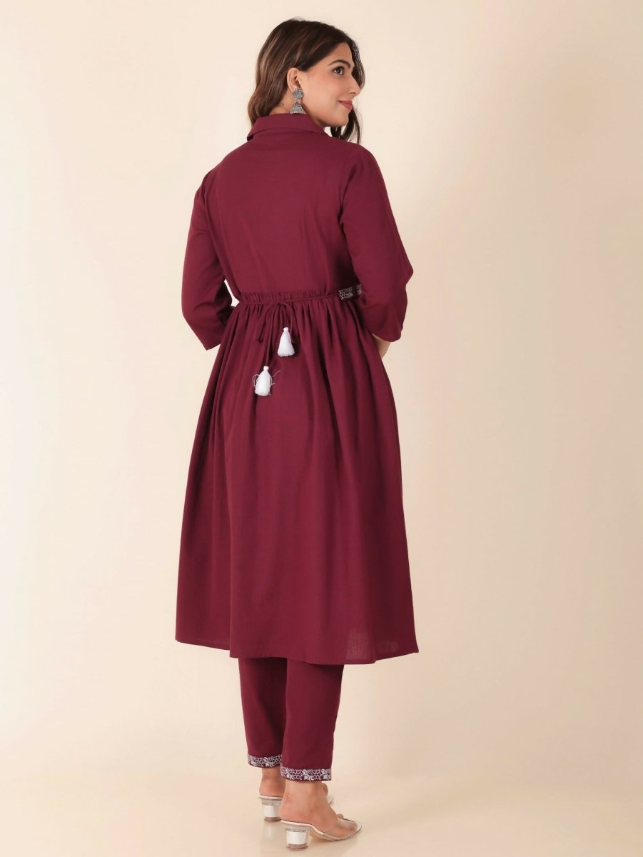Aramya Maroon Linen Cotton Solid Print A-line Kurta Set for Women