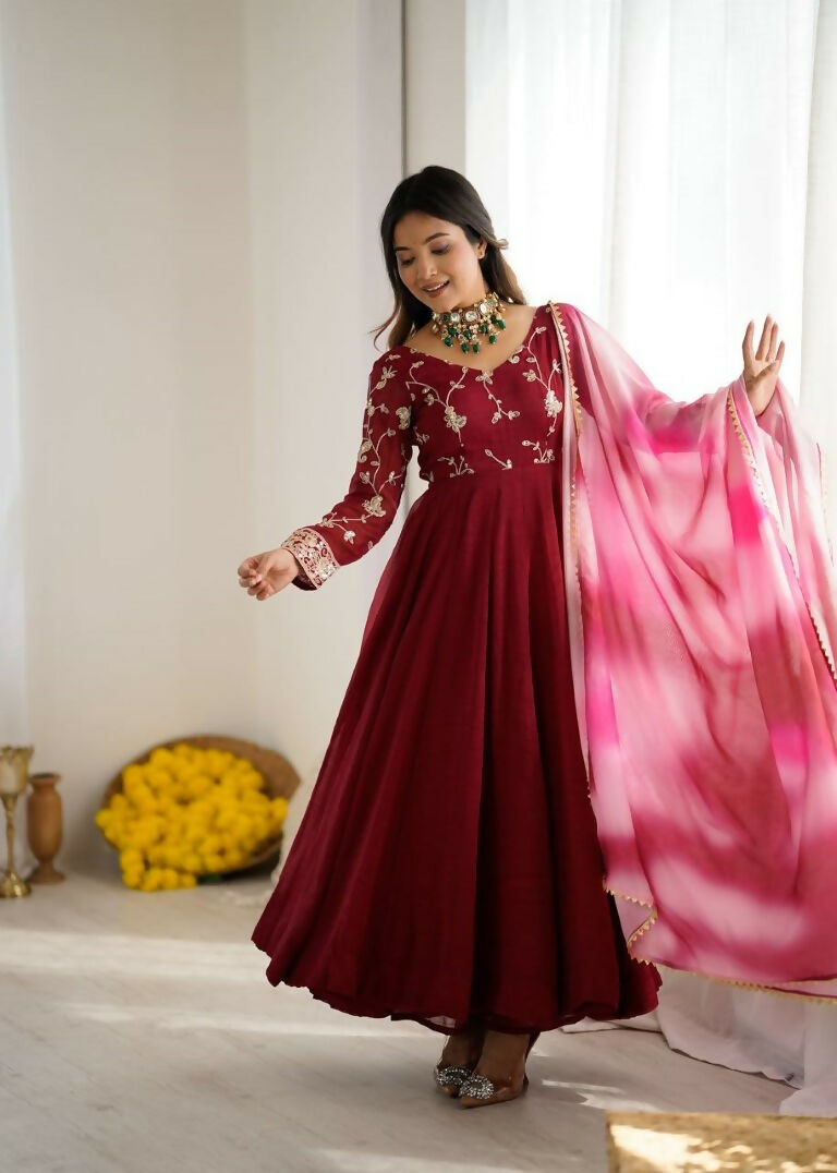 Teeya Creation Maroon Color Crunchy Silk Embroidery Work Gown