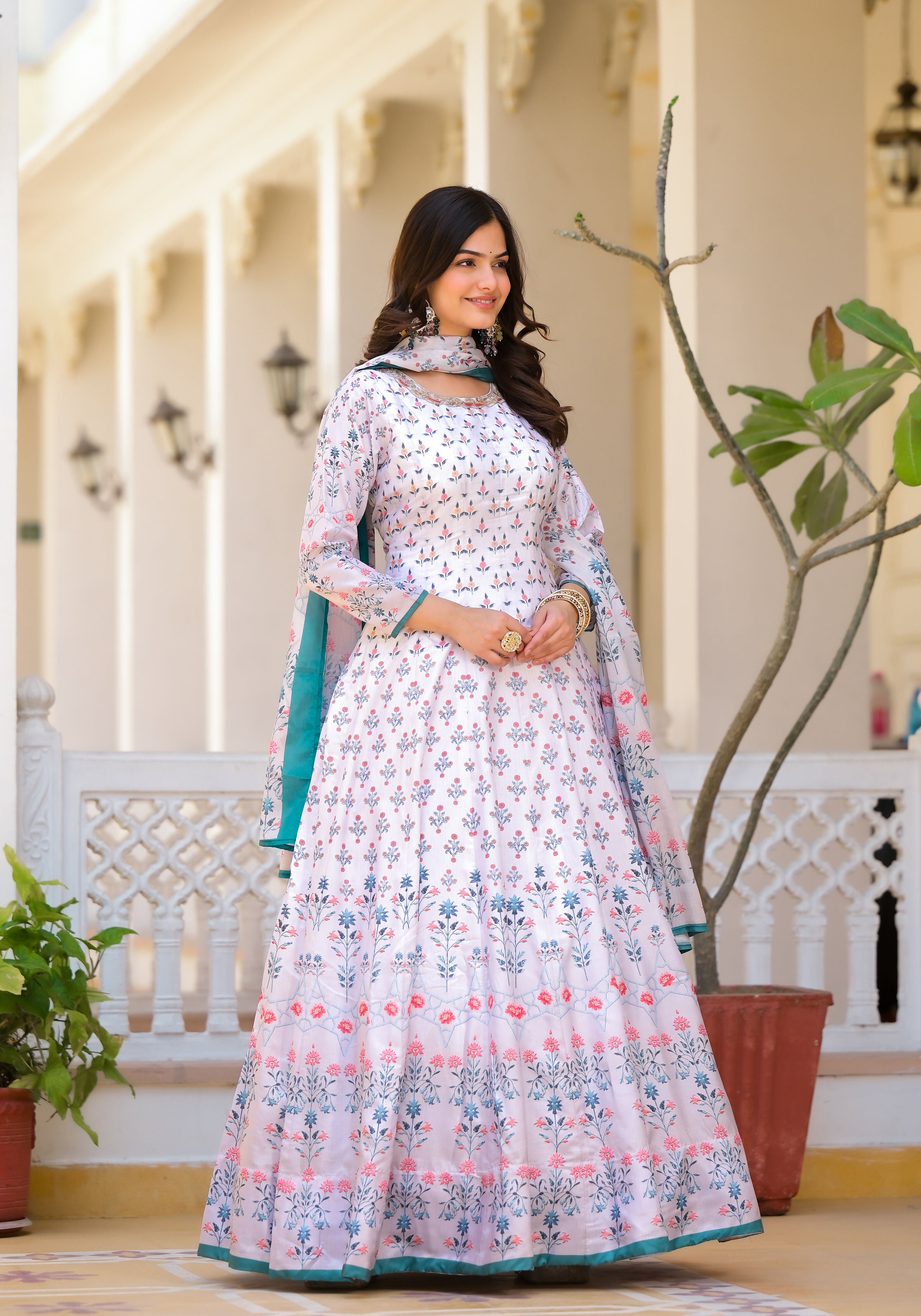 Partywear Designer White Dola Silk Anarkali suit with Dupatta- Samyukta