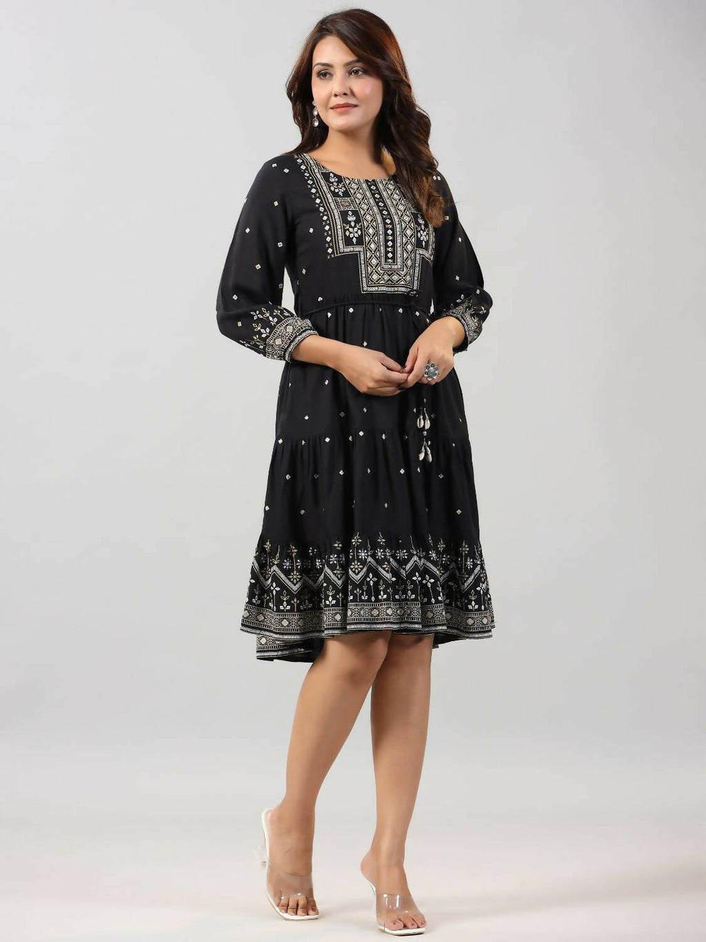 Juniper Women Black Rayon Printed Short Tiered Dress