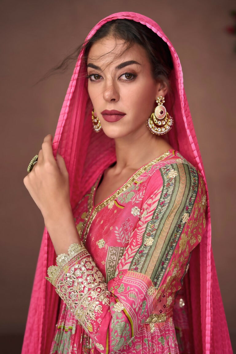 Vastranavya Pink Organza Silk Printed & Foil Mirror Work Anarkali Suit Set