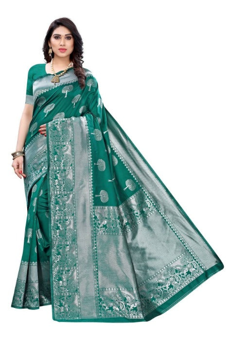 Vamika Banarasi Jacquard Weaving Rama Green Saree (AMEE RAMA)